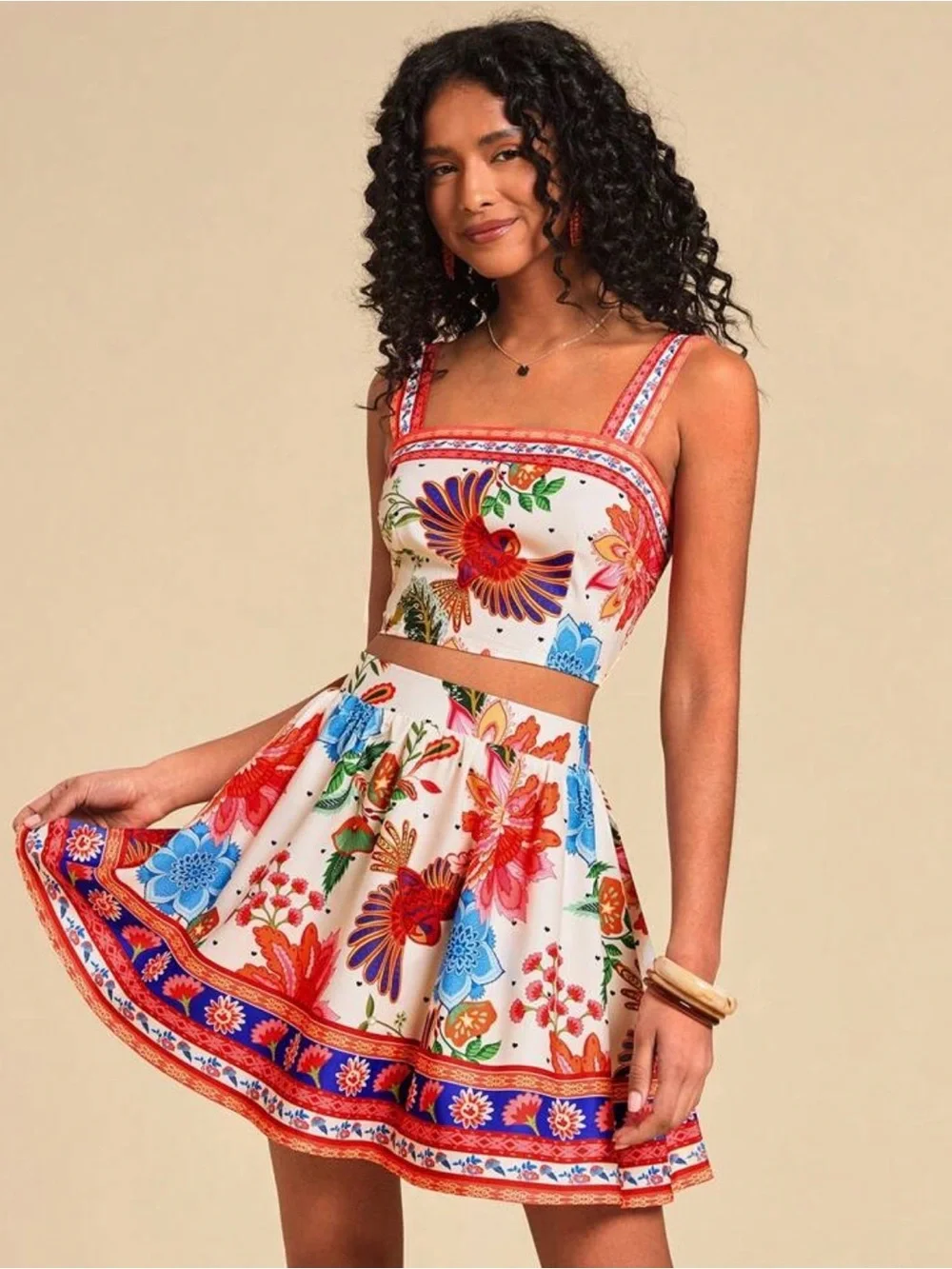 NEW! Floral Bird Print Two-Piece Crop Top & Skater Skirt Set | Size Small